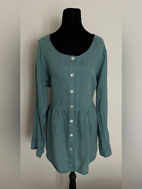 Sigrid Olsen 100% Linen Tiered Top SZ XL Green Roll Tab Button Lagenlook